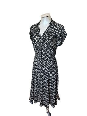 Talbots Women’s Black Cream Chain Print Midi Shirt Dress Cap Sleeve Like New 6